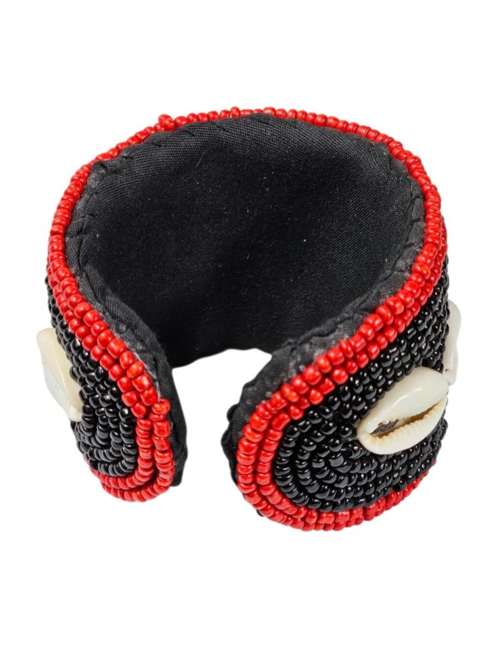 Handmade Beaded Cuff Bracelet Red & Black Seed Beads, Cowrie Shells, Turquoise - Picture 3 of 5